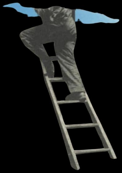 Ilustración de una persona subiendo por una escalera que atraviesa un hueco de cielo